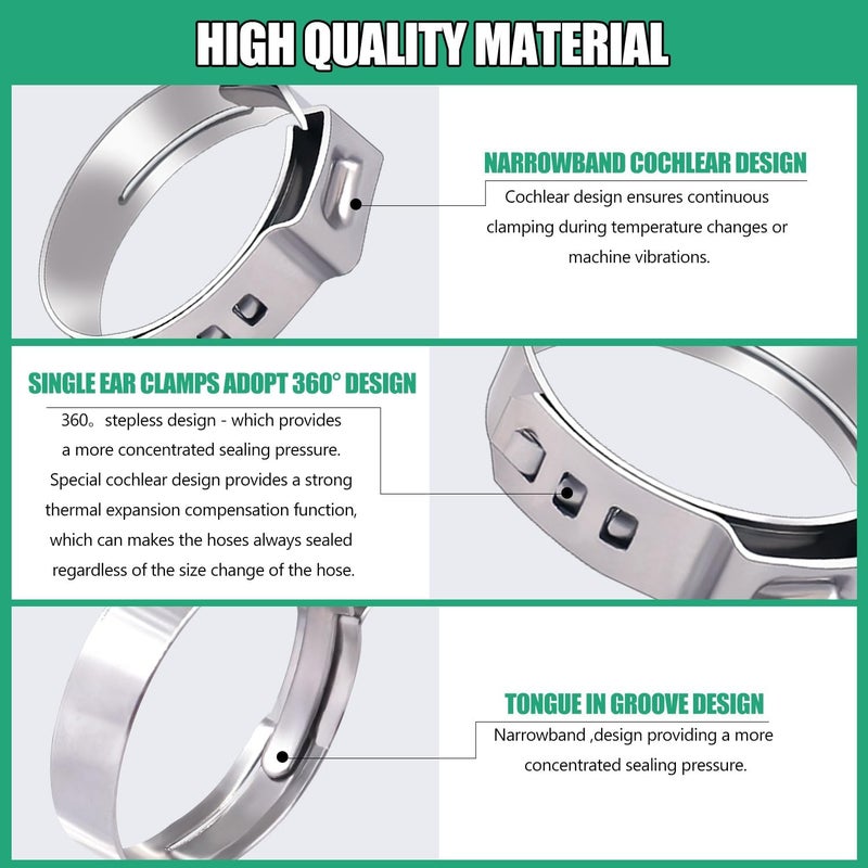 Twidec /48PCS 3/8",1/2",3/4",5/8",1" PEX Cinch Clamps Kit 5 size,Stainless Steel Pex Crimp Rings,Single Ear Hose Clamps For Pex Pipe Fitting Connections N-058-48PCS - Image 4